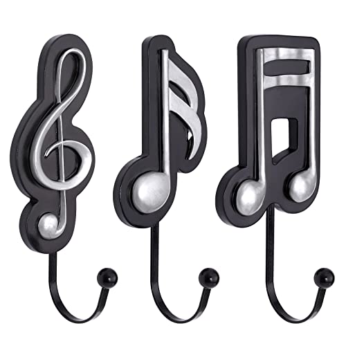Nota Ganchos de Pared - Paquete de 3 Ganchos de Resina Decorativos para Colgar Bolsas de Ropa Sombreros Ganchos de Música de Estilo Simple para Hogar Sala de estar Dormitorio Regalos Musicales(Plata) Cover
