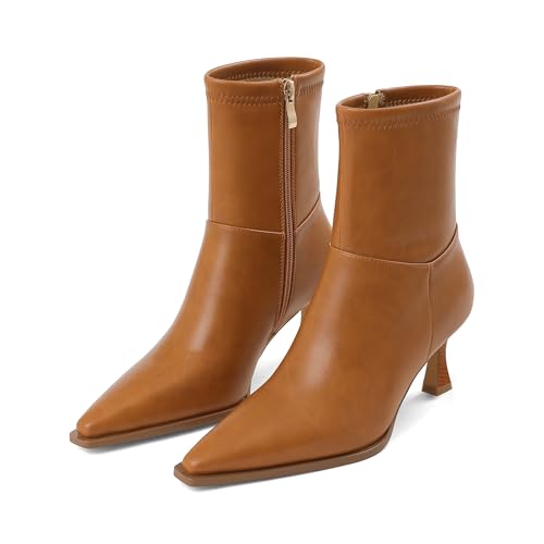 Image of Womens Brown Suede Fall Boots with Side Zip, Ankle, Mid Calf, Pointed Toe, Kitten Heel, Dressy, Short Boots