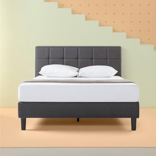 ZINUS Lottie ベッドフレーム ファブリック クイーン ダークグレー スクエア柄ヘッドボード 36cm 木製 すのこ 静音 布張り 耐久性 通気性 頑丈 | 日本正規品 FSPB - Zinus - 商品画像