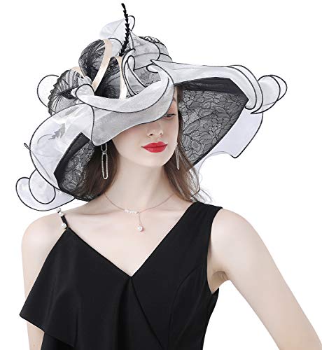 Z&X Women's Organza Fascinator Church Derby Hat Floral Lace Wide Brim Sun Hats For Wedding Tea Party Black White #TOP5