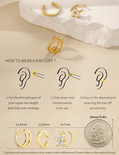 3Pcs Ear Cuffs Non Piercing for Women - Trendy 14K Gold Plated Cuffs Earrings with Cubic Zirconia - Dainty Clip On Cartilage Earring Jewelry2