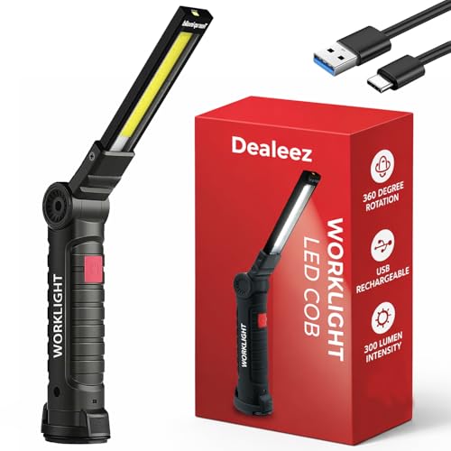 Dealeez Lampe de Travail LED Rechargeable - Lampe Torche & Baladeuse Aimantée 5 Modes d'Éclairage Lumière Blanche & Rouge pour Atelier, Mécanicien, Chantier