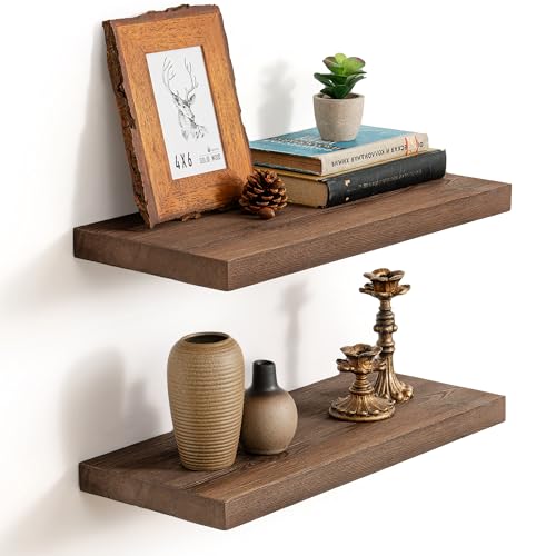 Image of Marsmiles 20 Inch Floating Shelves | 9.3 Inch Deep Dark Wood Wall Shelves Set of 2 | Rustic Reclaimed Wood Shelves for Room Wall | Farmhouse Floating Shelves for Living Room Bathroom