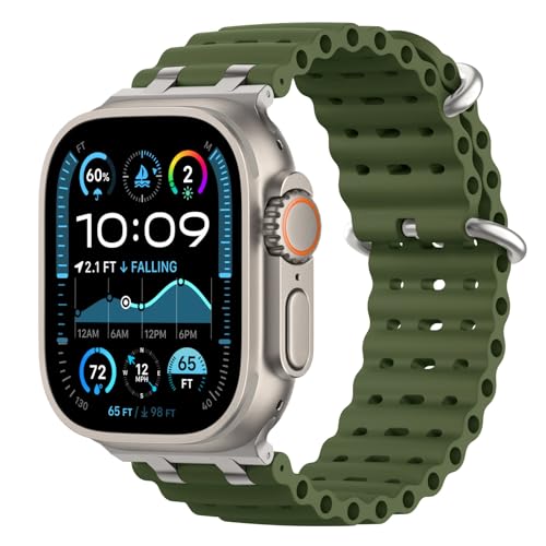 Astorgos Correas Ocean Compatible con Apple Watch Ultra2/Ultra 49mm,S10 46mm,9/8/7 45mm,SE2/SE/6/5/4 44mm,3/2/1 42mm,Correa de Reloj Deportiva con Conector Metálico para Hombre Mujer,Plata/VerdMilitar