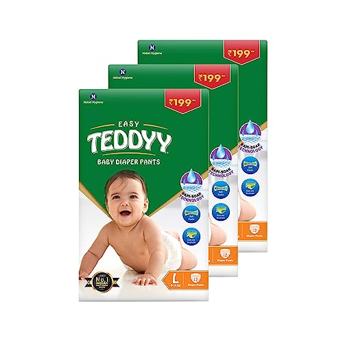 Image of TEDDYY Easy Baby L Size Diaper Pant Style| 36 Count (Large) | 9-14 kg (Pack of 3) | Long Protection Hours | Anti-Bacterial | Airy Breathable Fit | Rapid Soaker Channels & Wetness Indicator