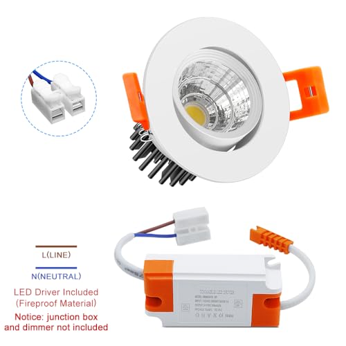 2Inch LED Recessed Ceiling Light, 3W Dimmable LED Downlight, 60 Beam Angle COB Recessed Lights with Driver, Warm White 3000K-3500K, 25W Halogen Bulbs Equivalent for Ceiling Lighting,White 1 Pack