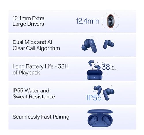 Image of Original Wireless Bluetooth Buds 2R Earbuds for Oneplus with Large 12.4mm Audio Drivers, Long-Lasting 38 Hours Playback, Quad Microphone Setup for Clear Voice Calls (Blue)