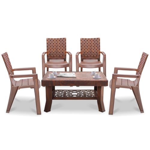 Image of MAHARAJA Luxury Plastic Armchair & Table Set | Heavy-Duty & Sleek Design for Every Space (Teakwood, 4 Chair+1 Table)