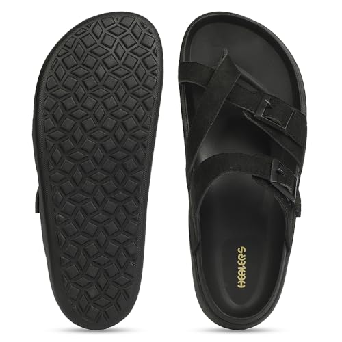 Image of Liberty Healers VAL-37E Slippers for Men - Black & Brown Faux Suede Slip-On Casual Slippers | Soft Cushioned Footbed, Lightweight Everyday Footwear for Home, Daily, Indoor & Casual Wear