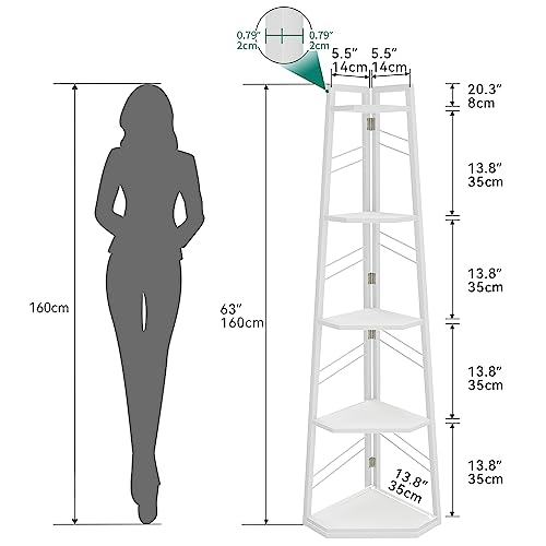 YITAHOME, Scaffale angolare a 5 ripiani, libreria angolare in stile industriale, moderna, autoportante, in legno, per soggiorno, corridoio, casa e ufficio, colore bianco puro - Immagine 1
