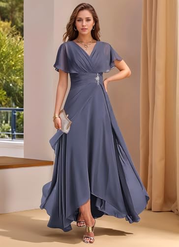 V Neck Chiffon Mother of The Bride Dress with Short Sleeve for Women Long Formal Party Dress2