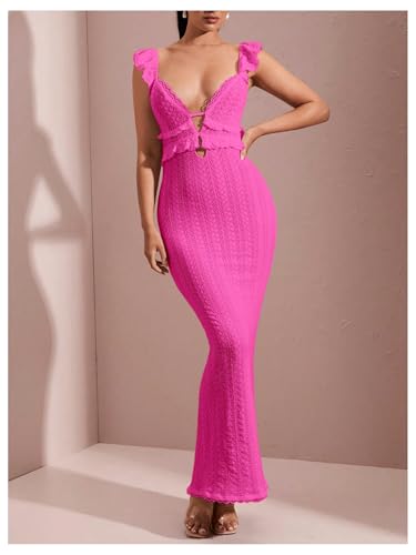Image of SOLY HUX Women's Maxi Dress Crochet Ruffle Sleeveless Backless Bodycon Long Dresses