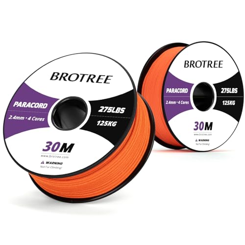 Brotree 275 Paracord 2.4mm Tactical Cord 30M Nylon Rope 4 Strands Parachute Cord for Outdoor Craft, DIY - 125kg Breaking Load (Orange)