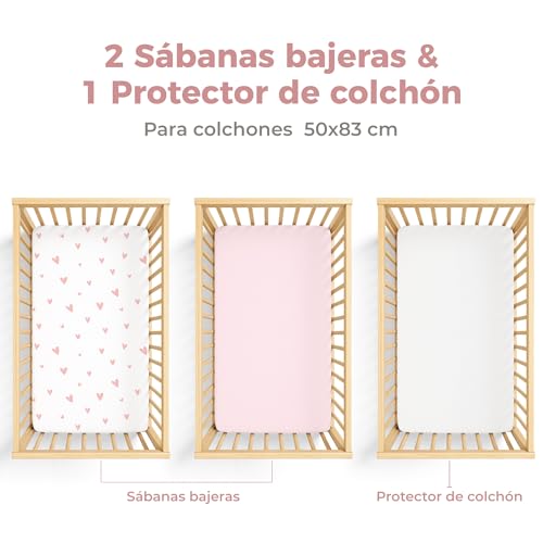 Miniatura 2 de Dreamzie 2 Sabanas Minicuna 1 Protector Colchón Cuna Impermeable Bebe 100 Algodón Para Cuna, Moisés - 50x83 Cm Estampado Heart