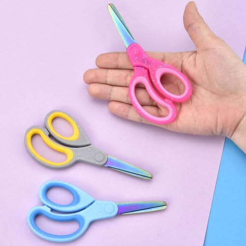 Image of SCAIKTIG 5 inch Kids Scissors Set(3 Pcs), Safety Rounded edge Blunt-Tip, Titanium Coating Blades, Comfort Grip for School Classroom Children and Toddler Cutting Craft Paper, Glitter Assorted Color