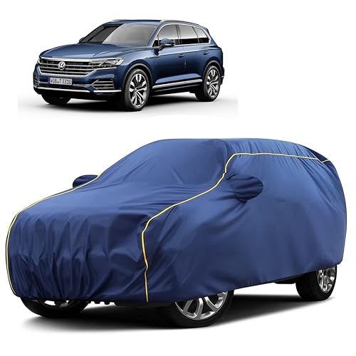 Image of Sulfar 100% Water Resistant Car Body Cover Compatible with Mirror for Volkswagen Touareg (Triple Stitched, Full Bottom Elastic, Blue Taffeta with Yellow Piping)
