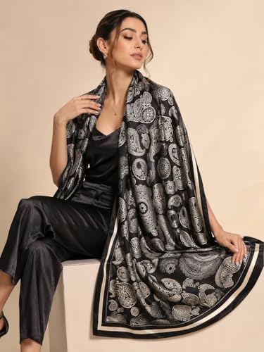 Image of MALINA Women's Polyester Silk Satin Stole Scarf - Soft Lightweight Fashion Wrap, Elegant Floral & Gradient Design, summer stole,Scarf For Women,Premium Stole,Large Size 180x90 cm'