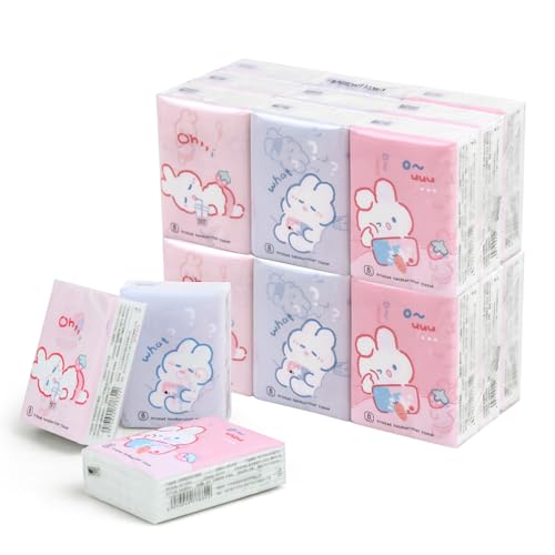 Terdey Pocket Tissue, 27 Bag Travel Size, 3-Ply White Paper, Rabbit Print, 216 Sheets, Convenient for Outings, School, Work