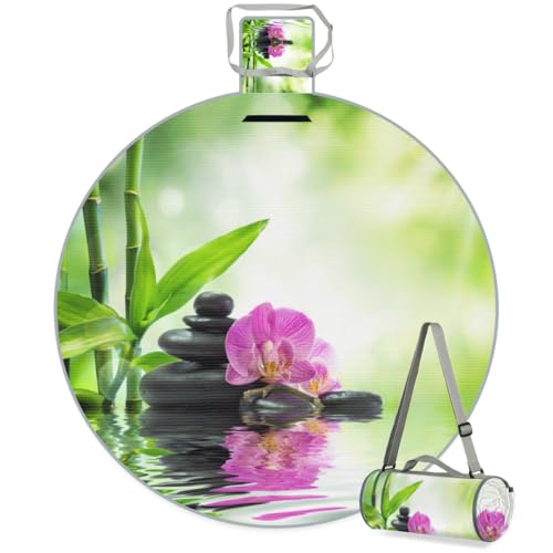 Shimoshe Flower Orchid Japanese Zen Stone Picnic Outdoor Blanket Foldable Waterproof Sandproof Beach Blanket Portable Water-Resistant Round Picnic Mat for Travel Camping Park Lawn