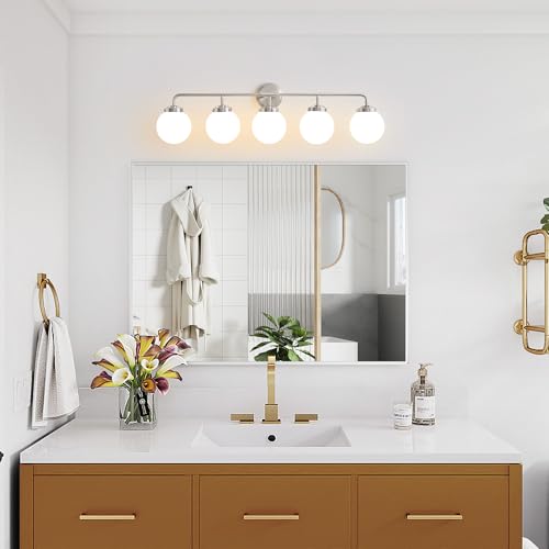 Image of Bathroom Light Fixtures 39in 5-Light Brushed Nickel Vanity Light for Mirror | Bathroom Lighting Fixtures over Mirror, ETL, Brushed Brass Wall Sconce, Dimmable E12 Base Max 60W, Milky Glass Ball Shades