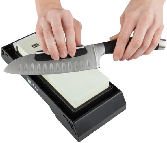 Whetstone Knife Sharpener Kit - 5-Piece Knife Sharpening Stone Set with XL 2-Sided 6000/1000 Grit Whetstone, Nonslip Base, Water Squeeze Ball, Clip On Guide and Cleaning Stone by Kings County Tools