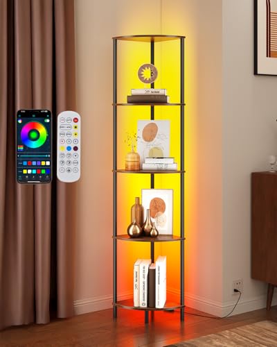 Image of SUNMORY 5 Tier Corner Shelf with LED Light, Industrial 65 inch Corner Shelves | Wall Corner Bookshelf, Display Shelf for Living Room Decor, Multi Unit Organizer, Tall Shelf Plant Stand for Bedroom Bathroom