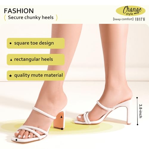 IDIFU IN3 High Heels Strappy Chunky Block Heels Square Toe Three Strap Slip On Heels Comfortable Slides Heeled Sandals Sexy Wedding Party Dress Shoes Open Toe Mules Heels for Women4