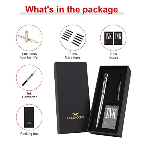 Cheericome Fountain Pen - Luxury Fountain Pen Set For Men & Women - Ink Pen For Smooth Writing - Fountain Pen Fine Nib，Includes 10 Ink Cartridges And Ink Refill Converter - Silver #TOP3