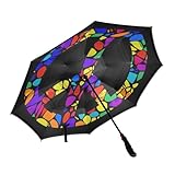 ISAOA Paraguas de golf grande anti-UV, plegable, invertido, mango en forma de C, paraguas fuerte y resistente al viento con tela de doble capa, paraguas brillante de mosaico arcoíris con signo de paz,