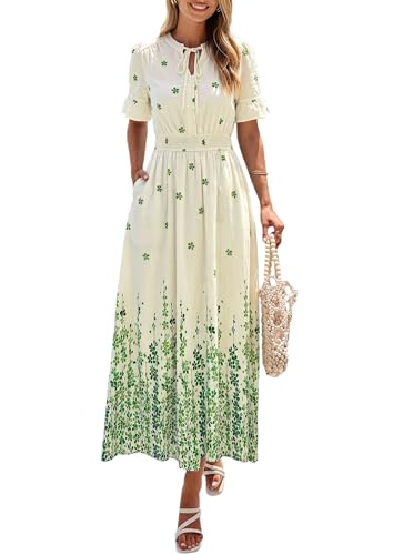 PRETTYGARDEN Women's Boho Floral Maxi Dress Summer 2026 Short Sleeve Tie V Neck Spring Wedding Guest Flowy Beach Sun Dresses (Apricot Green Floral,Small)