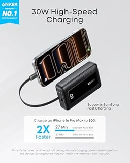 Anker Zolo Power Bank, 10,000mAh 30W High-Speed Portable Charger with Built-In USB-C Cable, Fast Charging Battery Pack for iPhone 17/17 Air/17 Pro/17 Pro Max/16/15 Series, Galaxy, iPad, and More