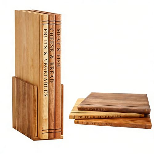 Antidérapante Lot de 3 Planche à Découper en Forme de Livre avec Support, Planche Cuisine Rectangulaire en Bois Massif, Planche à Hacher Résistante pour Légumes, Fruits, Salami(Beige)
