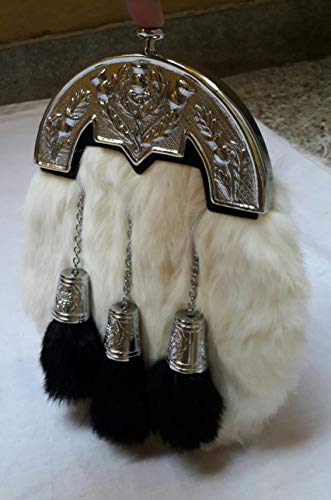 Scottish Kilt Original White Rabbit Fur Full Dress Sporran Antique Chrome Cantel3