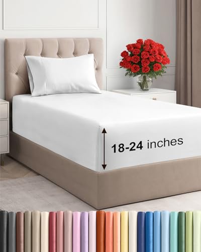 Image of Extra Deep Twin Sheet Set - 3 Piece Breathable & Cooling Bed Sheets - Easily Fits 18 to 24 inch Mattress - Ultra Soft, Wrinkle & Fade Free w / Extra Deep Pockets - Comfy Hotel Luxury Bedding - White
