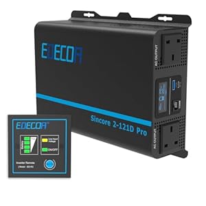EDECOA 1200W Pure Sine Wave Power Inverter DC 12V to 240V AC Car Power Converter 2400W Peak with USB Port Type-C Port, UK Outlets, with Display and Remote Controller and Remote controlller