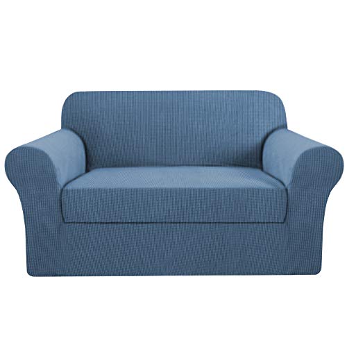 H.VERSAILTEX 2 Piece Loveseat Slipcovers 2 Cushions Loveseat Cover Furniture Cover/Protector with Elastic Bottom, Spandex Jacquard High Stretch Stylish Suit for T Cushion/Box Cushion- Dusty Blue