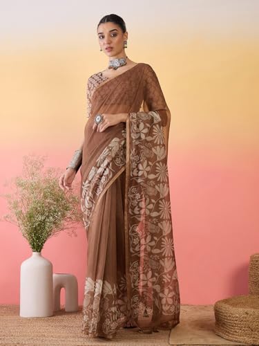 Image of AKHILAM Women's Cotton Printed Saree With Unstitched Blouse Piece