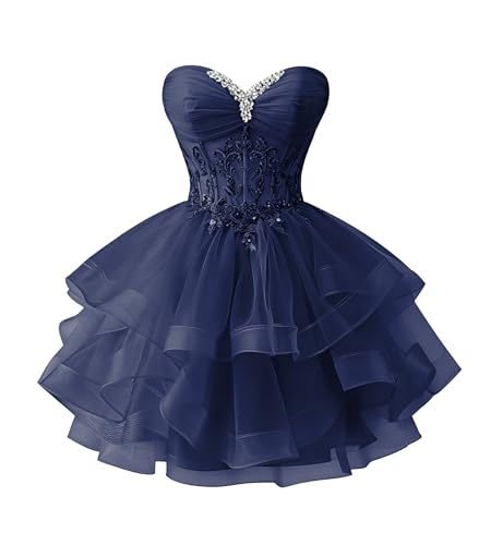 Uryouthstyle Navy Blue Tiered Tulle Homecoming Dresses Sparkly Beaded Lace Applique Strapless Pleated Short Prom Dress for Teens Quinceanera DAMA Dress US12