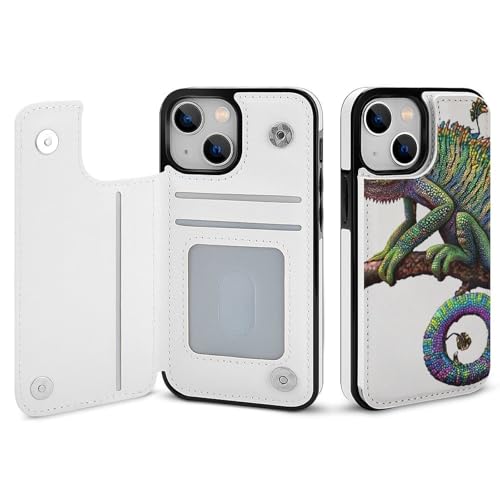 HKMNLEW Chameleon Listen Music Print Flip Phone Wallet Case iPhone 14�p�APU���U�[���C�ϏՌ��g�ѓd�b�P�[�X�J�o�[ �J�[�h�z���_�[�t��