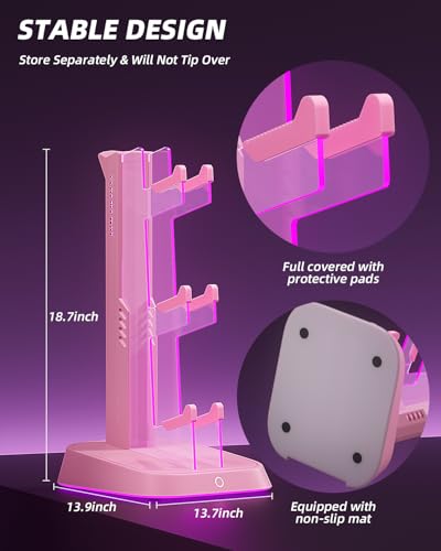 Mytrix RGB Gaming Headphone Stand & Controller Holder with Multi-Light Modes - Headset Stand with 2 USB Charging Ports and Type-C - Perfect Desktop Accessory and Gift for Gamers (Pink)