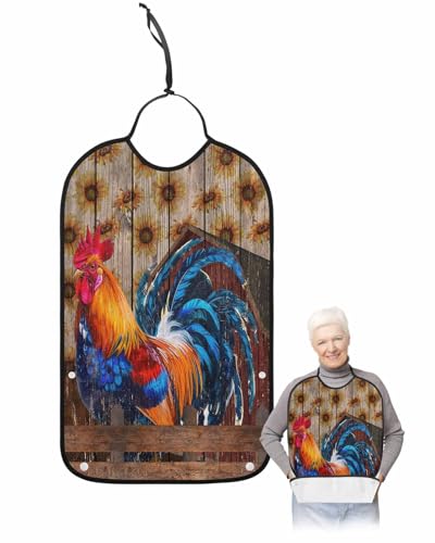 LEOKOTI Farm Rooster Adult Bibs for Eating, Waterproof Bibs with Food Catcher & Adjustable Snap Closure, Farmhouse Rustic Animals Sunflowers Washable Clothing Protectors Adult Bibs for Elderly
