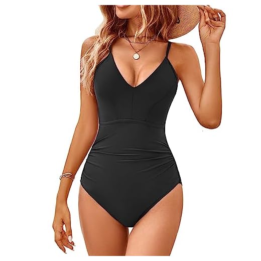 TcIFE Mujer Traje de Baño Una Pieza Bañador Natación Correas Hombro Espaguetis Ajustables, Push Up Monokini Cuello V Ropa de Playa Cintura Alta Verano, Negro, L