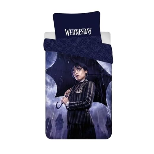 Juego de Cama Miércoles Addams Rain, Funda Nórdica 140 x 200 cm + Funda de Almohada, 100% Algodón, Reversible