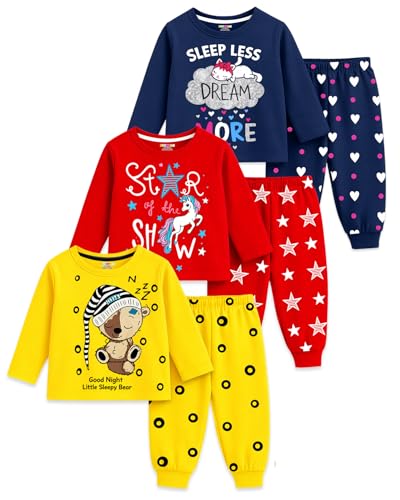 Image of Kuchipoo Girls Cotton Night Suit Set | Full Sleeve Printed Top & Pajama | Soft & Breathable Sleepwear | Comfortable Elastic Waist | Pack of 3