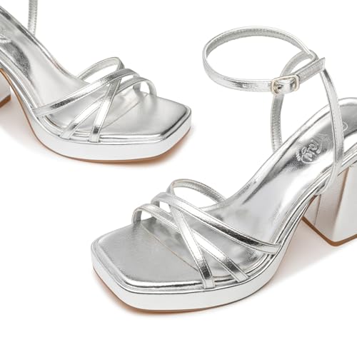 Trary Gold & White Heels - Square Toe, 3 inch Platform, Strappy & Block Heels for Wide Feet, Ankle Strap Y2k Shoes for Prom3