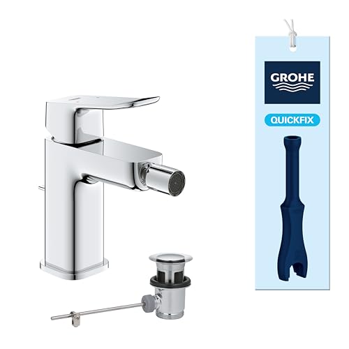 GROHE Dice Lever Bidet Mixer Tap with Pop-Up Waste Set (S-Size 151 mm, Ball Joint, 28 mm Ceramic Cartridge, Water Saving, Tails 3/8 Inch, Easy to Fit with The Included QuickTool), Chrome, 1018770000