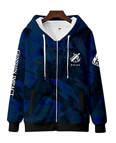 NooobTerm Genshin Impact 3D Digitaldruck Kapuzen-Sweatshirt Reißverschluss Jacke für Männer und Frauen(Dilucblau,S) Cover