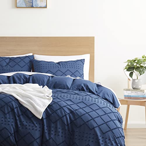 Image of Nestl Boho Bedding Queen - Navy Textured Duvet Cover Set, 3 Piece Tufted Boho Duvet with Zipper Closure, 90x90 Inches and 2 Pillow Shams