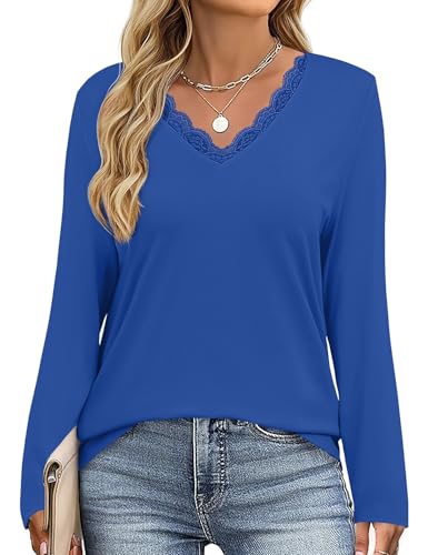 JUSTFASHIONNOW Long Sleeve Shirts for Women Lace V Neck Tunic Tops Dressy Business Casual Blouses Trendy Loose Fit Cute Winter Clothes (Blue,Medium) — view 5