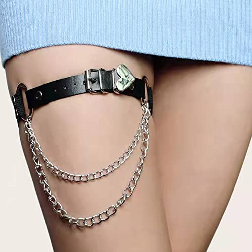 Adjustable Heart-Shaped Thigh Garter 2 Pieces Punk Leather Garter Belts Leg Garter with Chains Body Accessories2